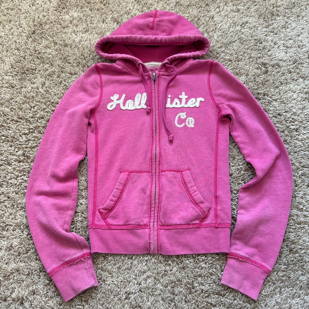 Vintage Hollister Co Pink Full Zip Hoodie XS Chenille Logo Y2K Fleece Sweatshirt